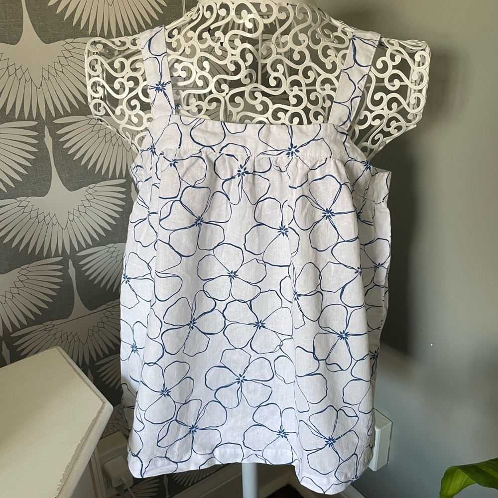 Floral Blue and White Linen-Blend Top S